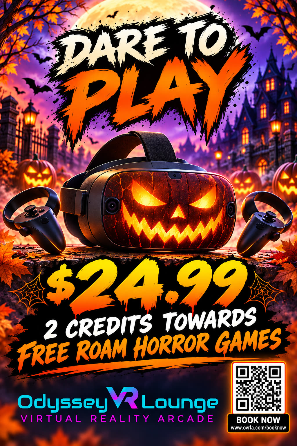 Wide-angle view of a glowing VR horror lounge with headsets ready for a Halloween game night.