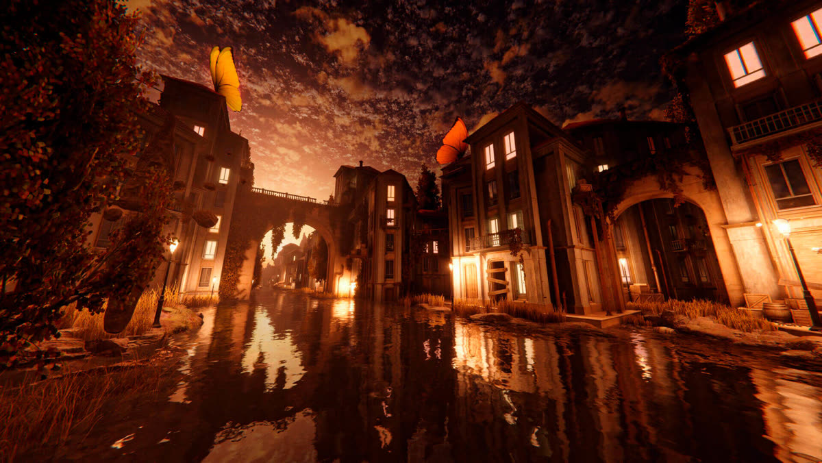 A flooded city street glows orange beneath a cloudy night sky, with buildings reflected in the water