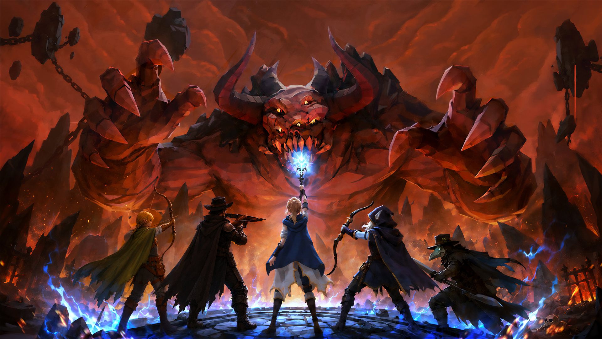 Dark Omen: five fantasy heroes facing a giant horned demon