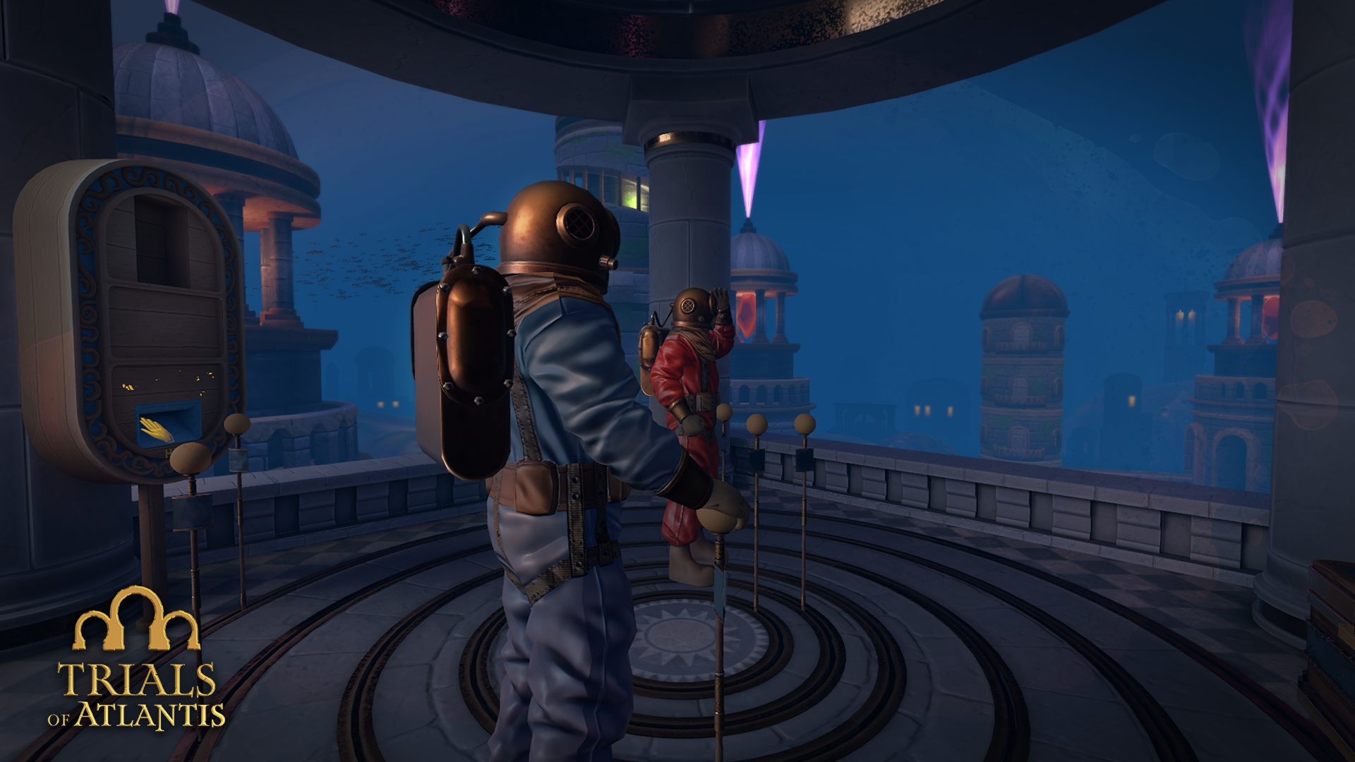 Trials of Atlantis: two divers in brass helmets in an underwater city
