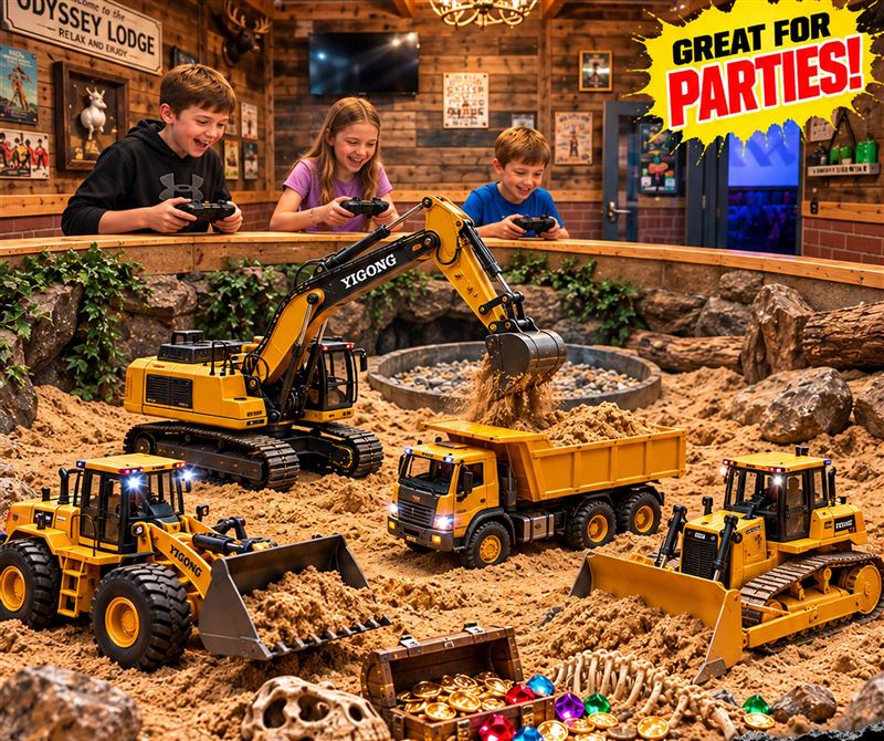 Kids with controllers driving RC construction vehicles through a sandpit with buried treasure